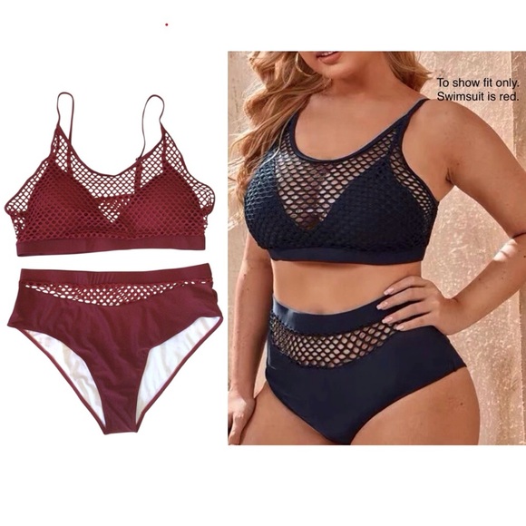 Women’s 2pc Plus Size Burgundy Red Mesh Fishnet High Waisted Bikini Set Size 3XL - Picture 1 of 9